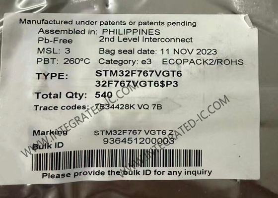 ไมโครคอนโทรลเลอร์ MCU STM32F767VGT6 32 บิต เซ็นคอร์เดียว 216MHz 1MB ไมโครคอนโทรลเลอร์ IC